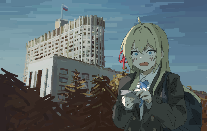 1girl, ahoge, alisa_mikhailovna_kujou, backpack, bag, black_jacket, blazer, blonde_hair, blue_eyes, blue_necktie, blue_sky, hair_ornament, holding, jacket, jaggy_lines, long_hair, necktie, open_mouth, outdoors, prasetyoadii22, real_world_location, russian_flag, russian_white_house, sky, solo, tokidoki_bosotto_roshia-go_de_dereru_tonari_no_alya-san, wide-eyed