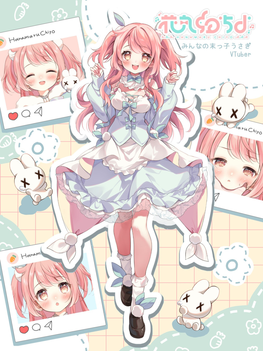 1girl, :3, :d, bare_shoulders, black_footwear, blue_bow, blue_dress, bow, character_name, collar, commentary_request, detached_collar, dress, frilled_dress, frills, full_body, gau_(n00_shi), hair_ornament, hanamaru_chiyo, hands_up, highres, indie_virtual_youtuber, long_hair, looking_at_viewer, mascot, open_mouth, orange_eyes, pink_hair, pom_pom_(clothes), rabbit, second-party_source, shoes, short_twintails, smile, socks, solo, standing, swept_bangs, teeth, translation_request, twintails, upper_teeth_only, virtual_youtuber, white_collar, white_socks