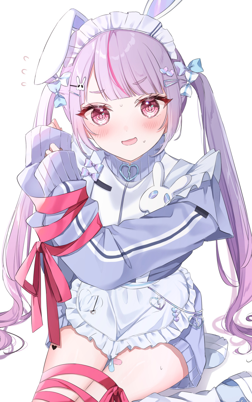 1girl, absurdres, animal_ears, apron, bandaid, bandaid_on_leg, blue_bow, blunt_bangs