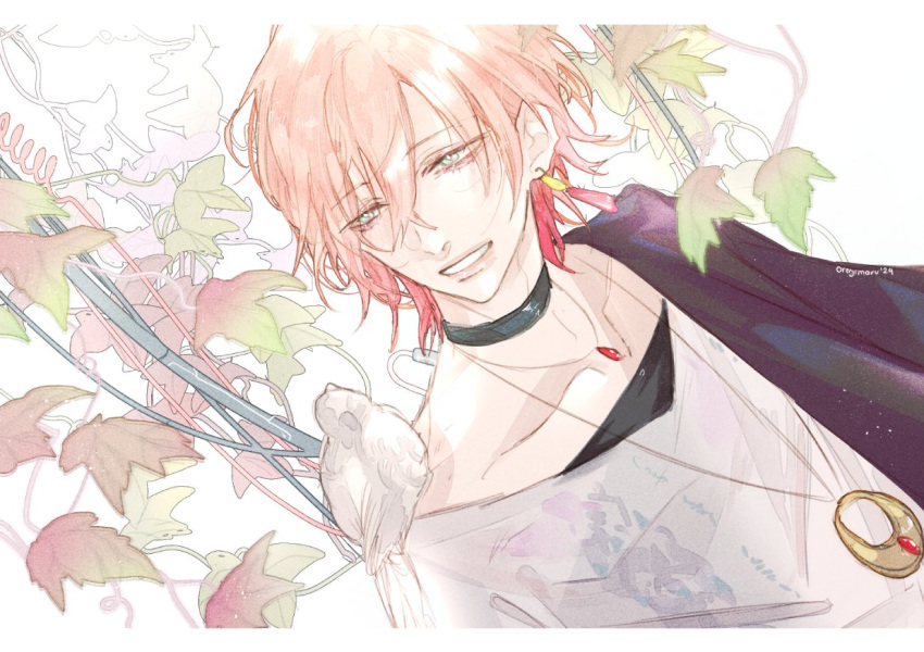 1boy, animal_on_shoulder, bird, bird_on_shoulder, black_choker, black_undershirt, border, cable