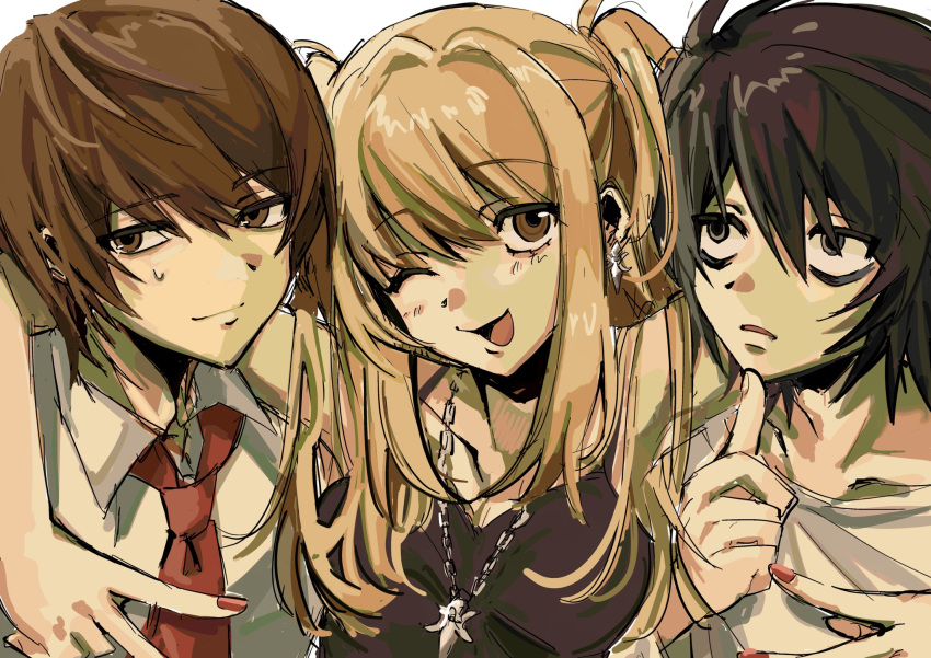 1girl, 2boys, amane_misa, arm_around_shoulder, black_hair, black_shirt, blonde_hair, breasts
