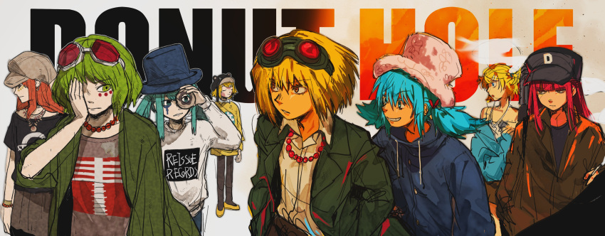 6+girls, absurdres, aqua_hair, baseball_cap, black_leggings, blonde_hair, blue_coat, blue_eyes, blue_hair, blue_hat, brown_hat, cabbie_hat, camisole, coat, donut_hole_(vocaloid), doughnut, dual_persona, earrings, facepaint, food, fuzzy_clothes, goggles, goggles_on_head, green_hair, grin, gumi, hat, hatsune_miku, highres, jacket, jewelry, kagamine_rin, leggings, long_hair, looking_at_another, megurine_luka, multiple_girls, necklace, off_shoulder, omyo_(nanasoyo), orange_eyes, pink_hair, short_hair, skeleton_print, smile, song_name, suit_jacket, two_side_up, upper_body, vocaloid, white_camisole, white_hat