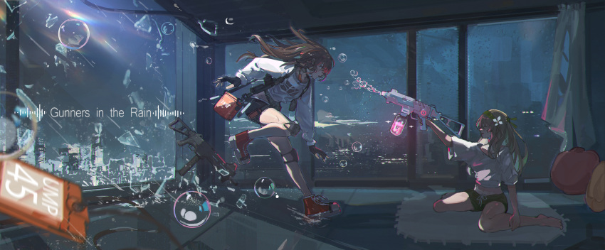 2girls, absurdres, barefoot, black_gloves, black_shorts, brown_hair, bubble, bubble_gun