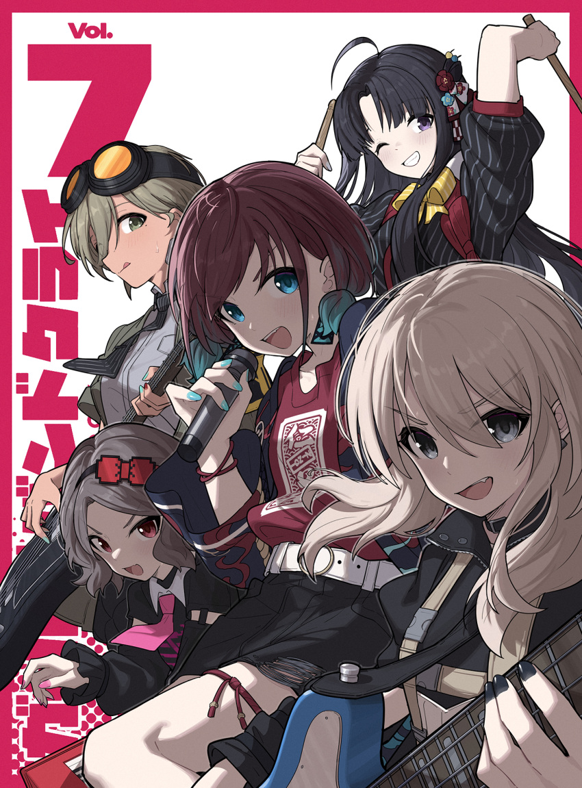 5girls, ahoge, awa_subaru, bass_guitar, belt, black_choker, black_hair, black_hairband