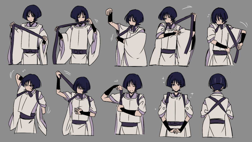 1boy, adjusting_clothes, arm_wrap, blue_eyes, blue_hair, clothing_request, genshin_impact, grey_background