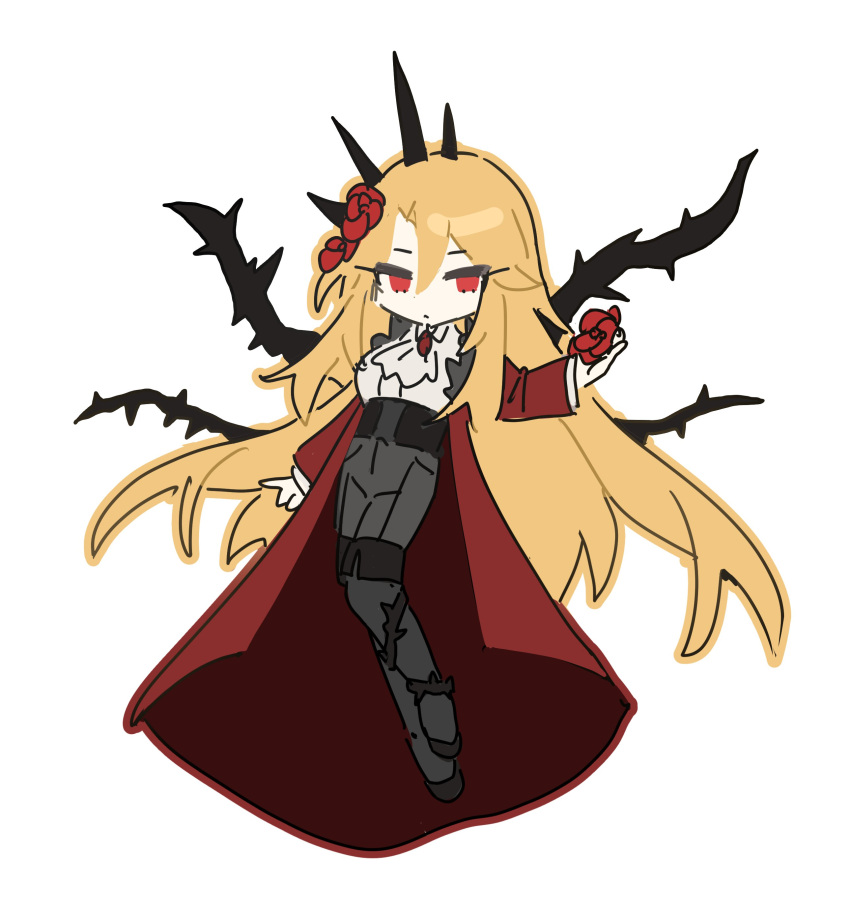 1girl, absurdres, ascot, black_crown, black_pants, blonde_hair, coat, crown, don_quixote_(project_moon), e.g.o_(project_moon), flower, full_body, highres, holding, holding_flower, limbus_company, long_hair, long_sleeves, mts098, pants, project_moon, red_coat, red_eyes, red_flower, red_rose, rose, shirt, simple_background, solo, thorns, very_long_hair, white_ascot, white_background, white_shirt