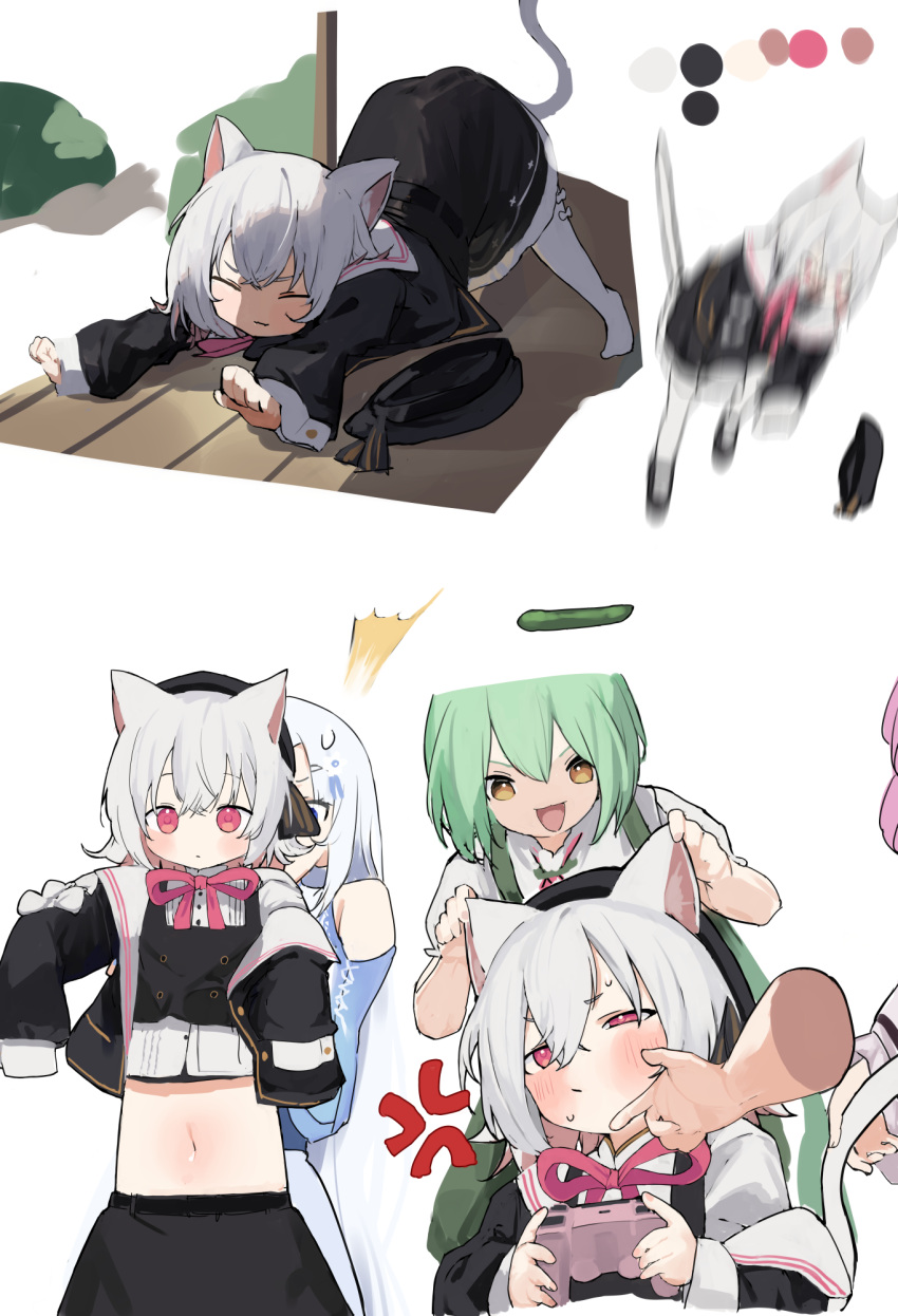 4girls, anger_vein, animal_ears, annoyed, black_hat, black_skirt, blush, brown_hair