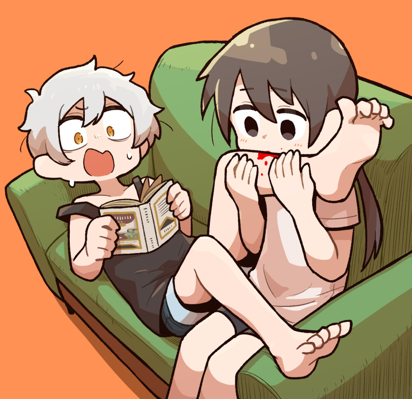 2girls, barefoot, biting, biting_another's_leg, black_eyes, black_hair, black_tank_top, blood
