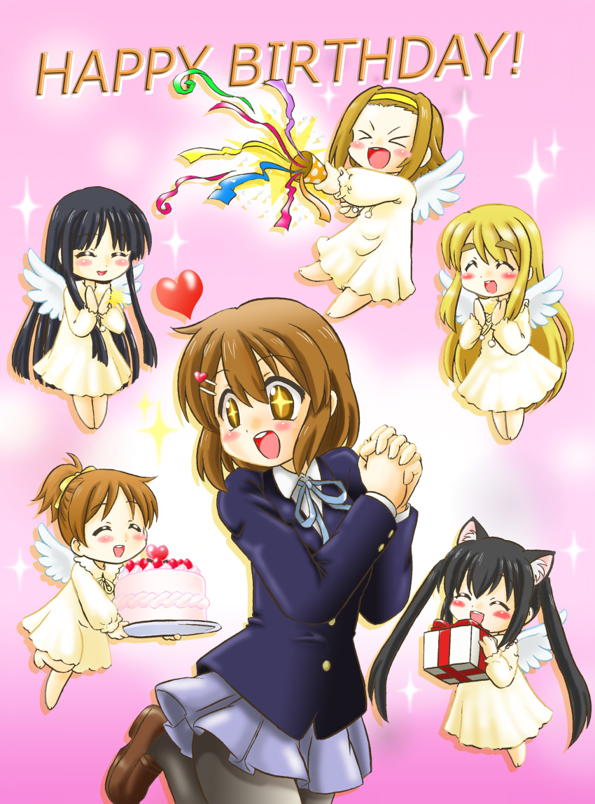 absurdres, akiyama_mio, angel, animal_ears, brown_eyes, brown_hair, cake, cat_ears