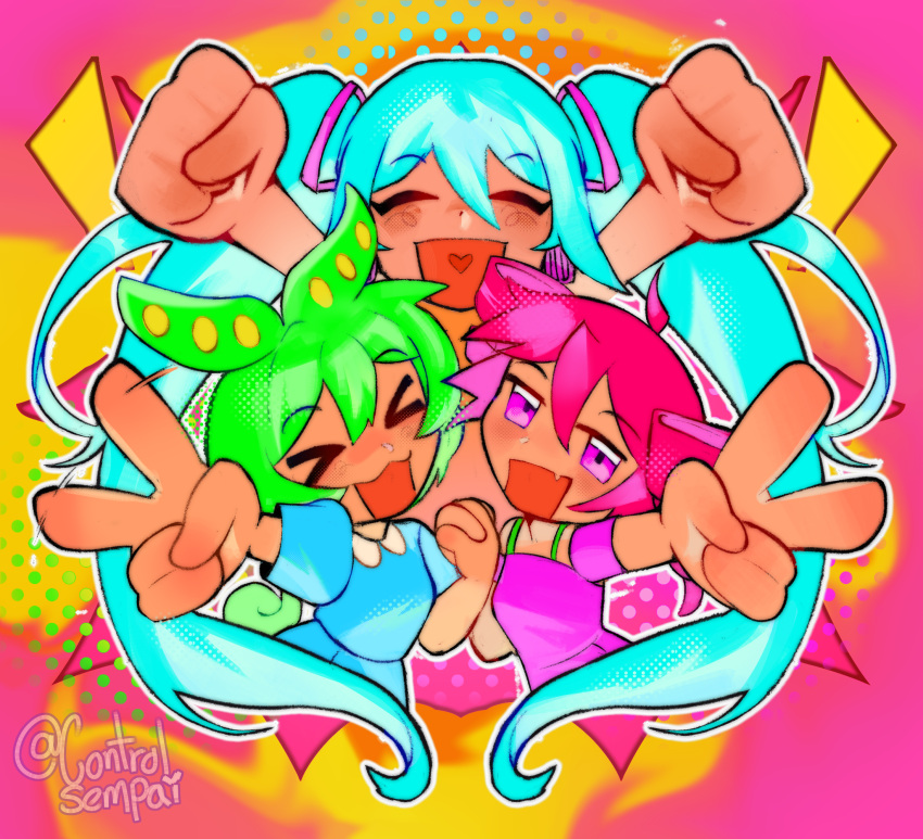 >_<, 3girls, :3, ahoge, animal_ears, arms_up, artist_name, blue_dress