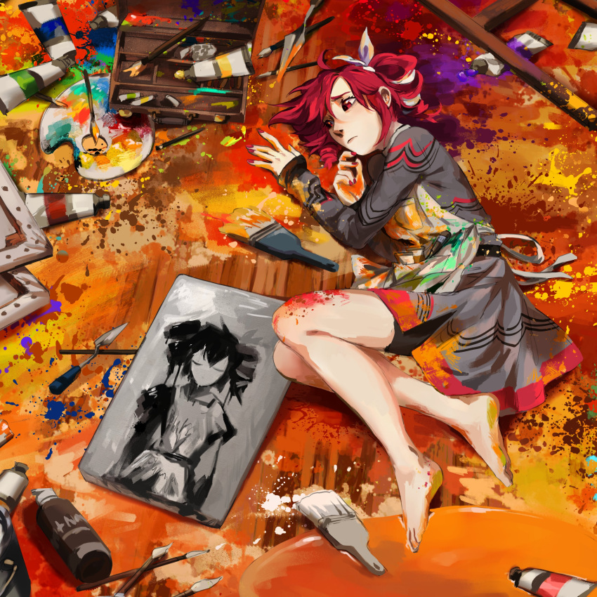 1girl, absurdres, album_cover, apron, barefoot, bow, briefcase, cadmium_colors_(synthesizer_v)