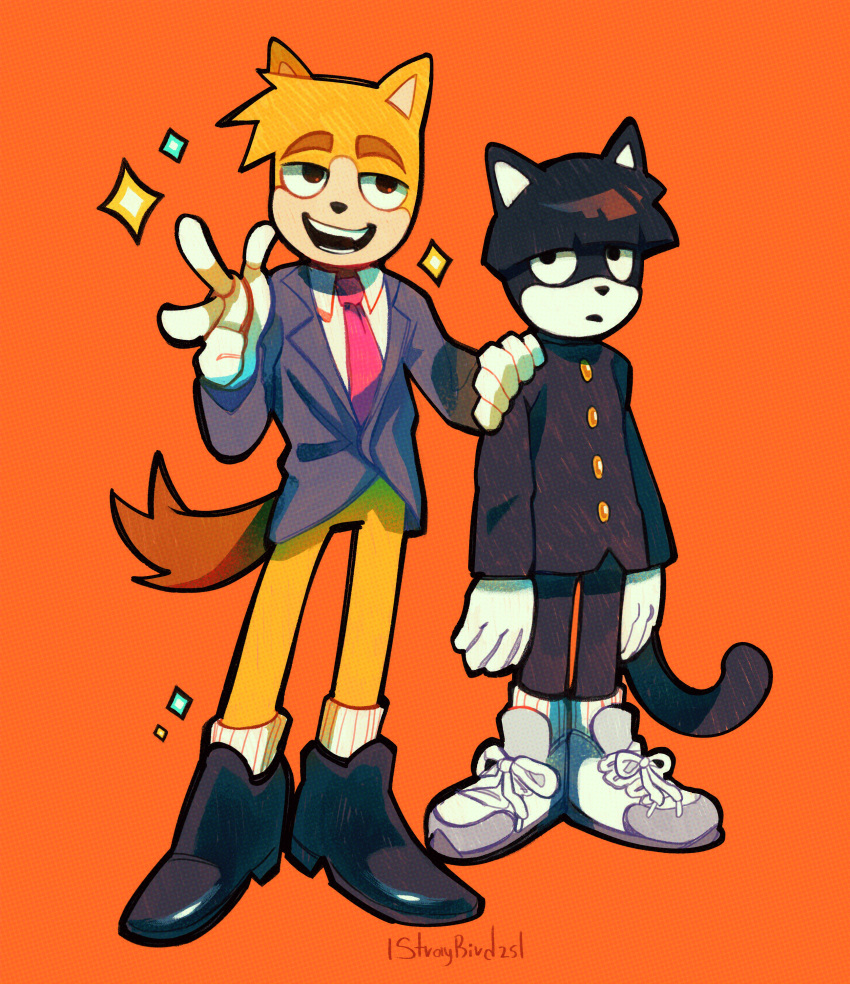 2boys, absurdres, animal_ears, animal_nose, black_footwear, black_hair, bowl_cut, cat_boy