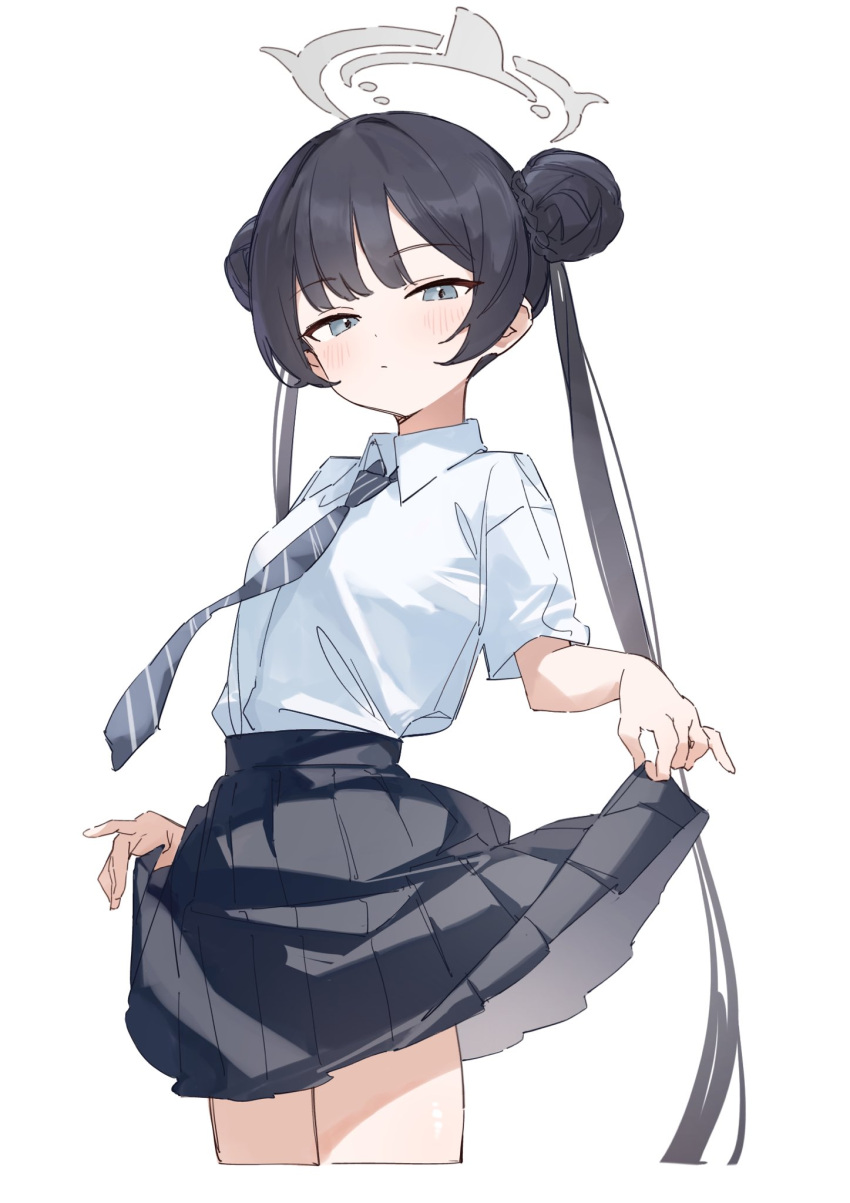 1girl, black_hair, black_skirt, blue_archive, blue_necktie, braid, braided_bun, breasts