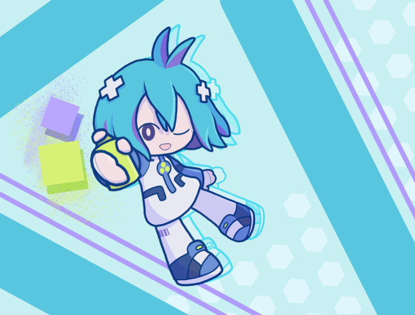 1girl, :d, ahoge, antenna_hair, barcode, blue_footwear, blue_hair, bottle, chibi, commentary, cross_hair_ornament, dress, fingerless_gloves, gloves, hair_ornament, kartrider, kartrider:_drift, looking_at_viewer, miso_(kartrider:_drift), multicolored_hair, noriya-aria, one_eye_closed, pants, pastel_colors, purple_hair, short_hair, smile, solo, spray_bottle, spray_can, spray_paint, two-tone_dress, two-tone_hair, white_gloves