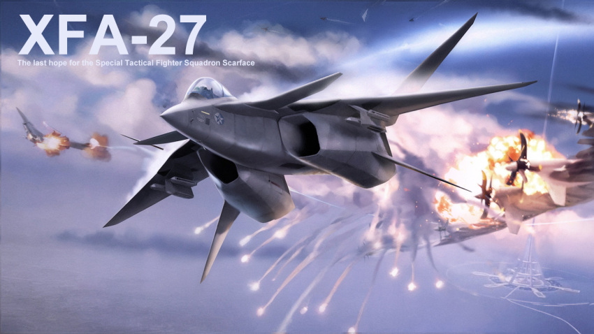 ace_combat, aerial_battle, aircraft, airplane, arsenal_bird, battle, clouds, dogfight, explosion, fighter_jet, flare, lighthouse_(ace_combat), military_vehicle, no_humans, roundel, shuten_(project_sky), space_elevator, tower, vehicle_focus, xfa-27