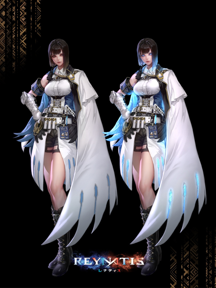 1girl, absurdres, black_footwear, boots, cape, collared_shirt, cuffs, hand_on_own_hip, handcuffs, highres, kaburagi_yasutaka, multicolored_hair, nishijima_sari, reynatis, shirt, short_hair, shorts, single_bare_shoulder, solo, sword, weapon