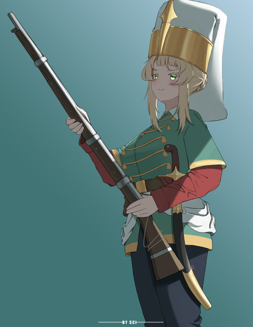 1girl, absurdres, belt, black_pants, blonde_hair, bork_hat, gradient_background, green_background, green_eyes, gun, highres, holding, holding_gun, holding_weapon, janissary, kilij, layered_sleeves, long_sleeves, looking_at_viewer, musket, original, pants, sci_(31134306), scimitar, short_over_long_sleeves, short_sleeves, sidelocks, smile, solo, standing, sword, weapon