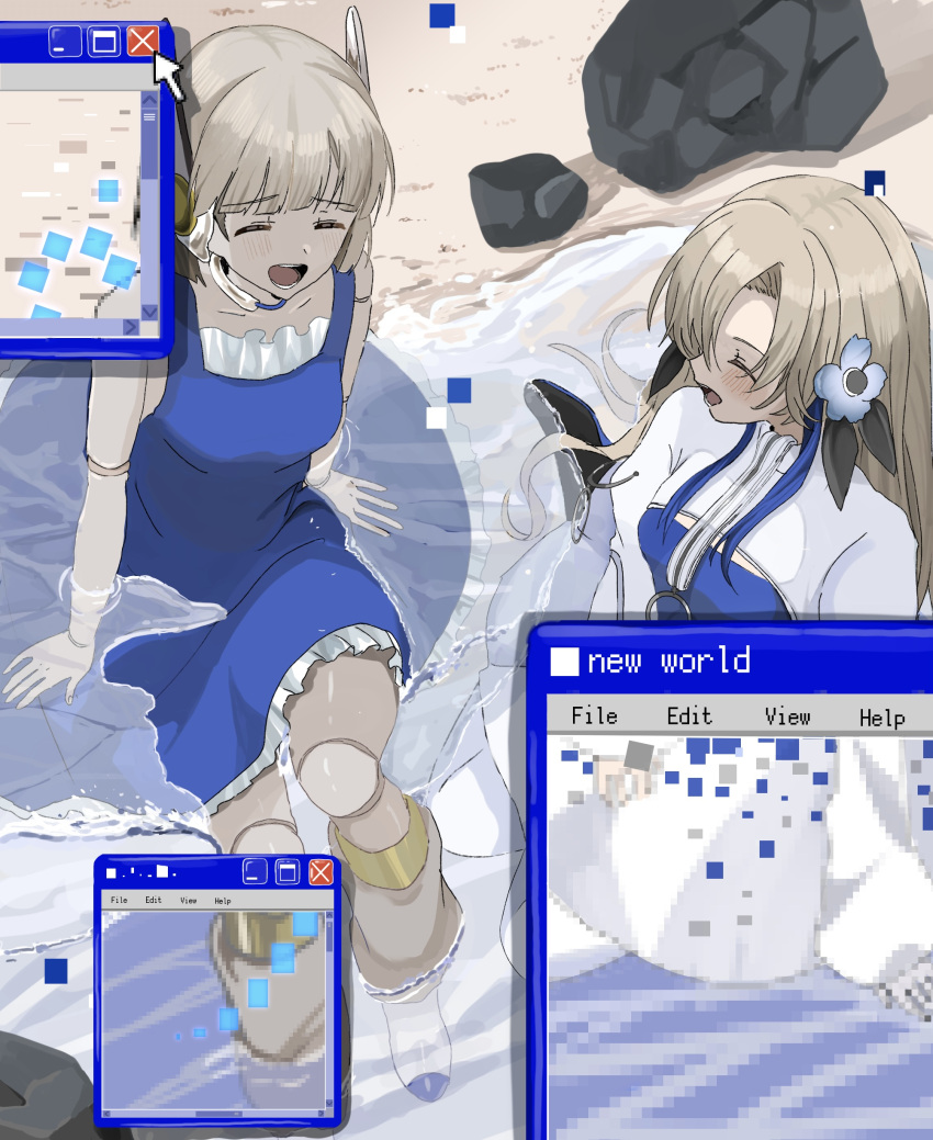 2girls, :d, ^_^, absurdres, aiobahn, android, android_girl_(aiobahn), beach