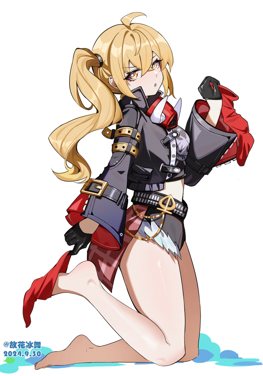1girl, :o, absurdres, ahoge, barefoot, belt, black_belt, black_gloves