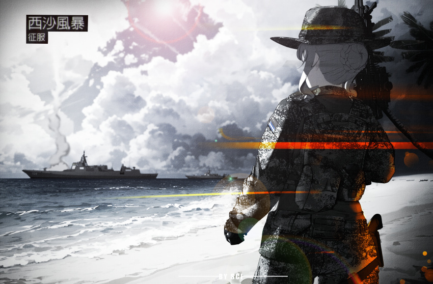 1girl, absurdres, beach, boonie_hat, camouflage, destroyer, digital_camouflage, from_behind