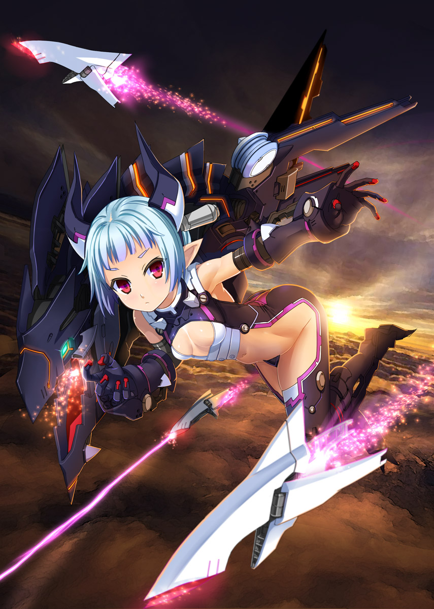 bangs, blue_hair, blunt_bangs, breasts, dragon, elbow_gloves, flying, fujimon