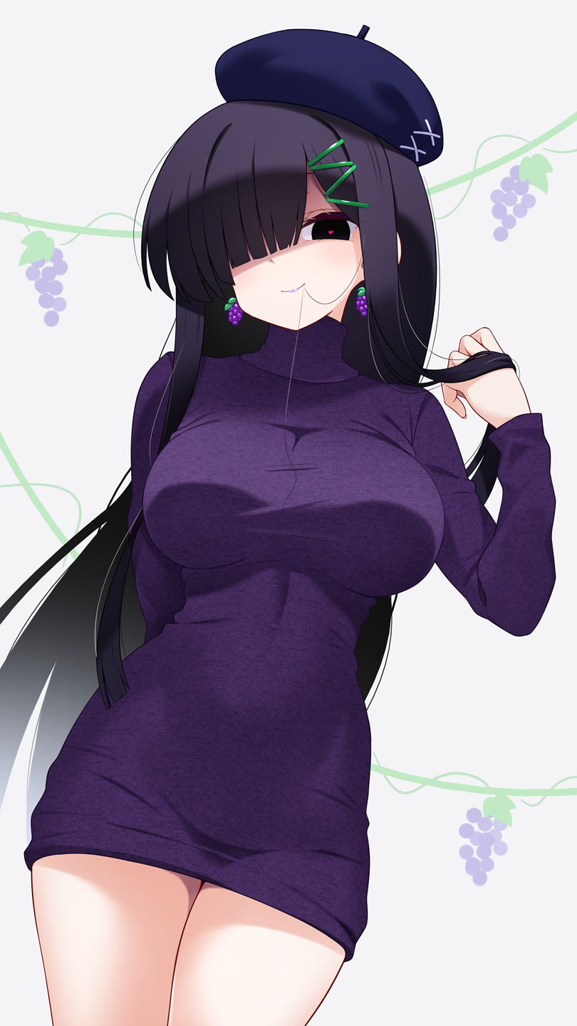 1girl, adjusting_hair, alternate_costume, black_eyes, black_hair, breasts, earrings, feet_out_of_frame