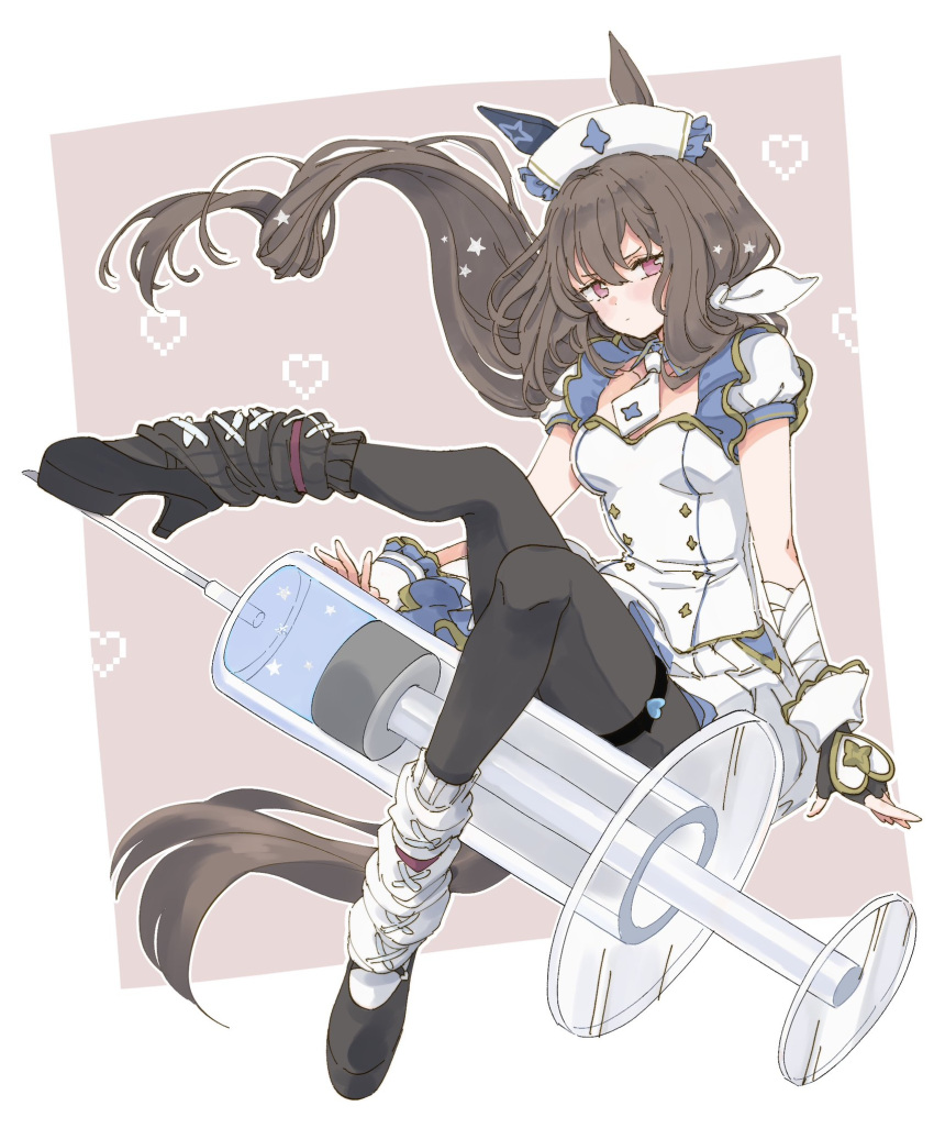1girl, admire_vega_(umamusume), alternate_costume, animal_ears, black_hair, blush, breasts, commentary_request