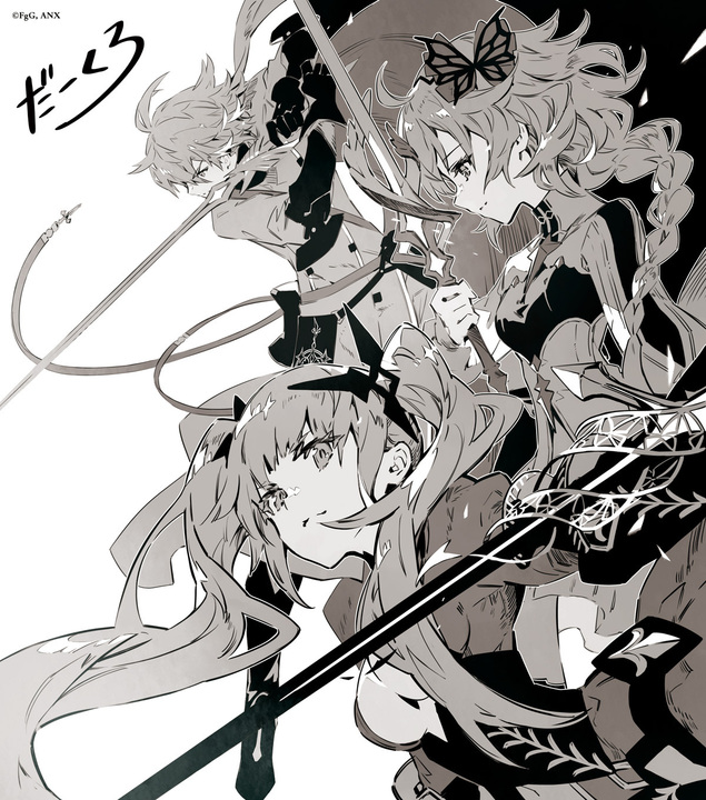 1boy, 2girls, ahoge, aster_tatariqus, braid, breasts, butterfly_hair_ornament, closed_mouth