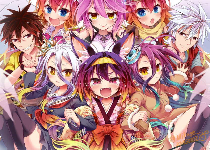 2boys, 6+girls, :3, :o, :p, angel_wings, animal_ears, black_gloves