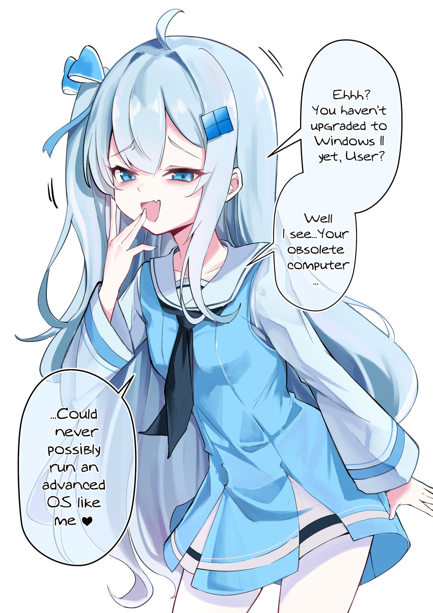 1girl, absurdres, ahoge, black_neckerchief, blue_bow, blue_dress, blue_eyes, blue_hair