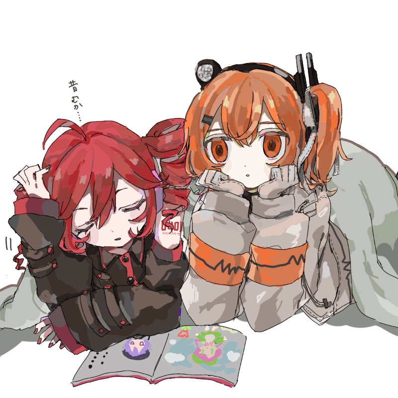 2girls, a.i._voice, adachi_rei, ahoge, arm_support, black_shirt, black_sleeves, book, closed_eyes, detached_sleeves, drill_hair, ebi834, gloves, hair_between_eyes, head_rest, headlamp, jacket, kasane_teto, long_sleeves, lying, multiple_girls, on_stomach, one_side_up, open_book, orange_eyes, orange_hair, parted_lips, radio_antenna, redhead, shared_blanket, shirt, twin_drills, utau, white_gloves, white_jacket