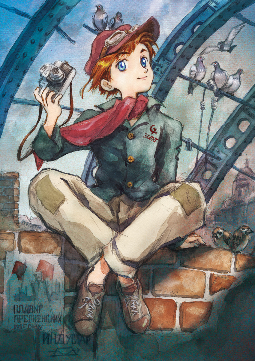 1boy, akai_takami, bird, blue_eyes, brick_wall, brown_hair, camera, commentary_request