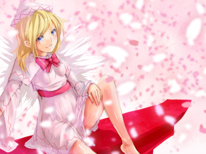 bad_id, barefoot, blonde_hair, blue_eyes, blush, bow, capelet, cherry_blossoms