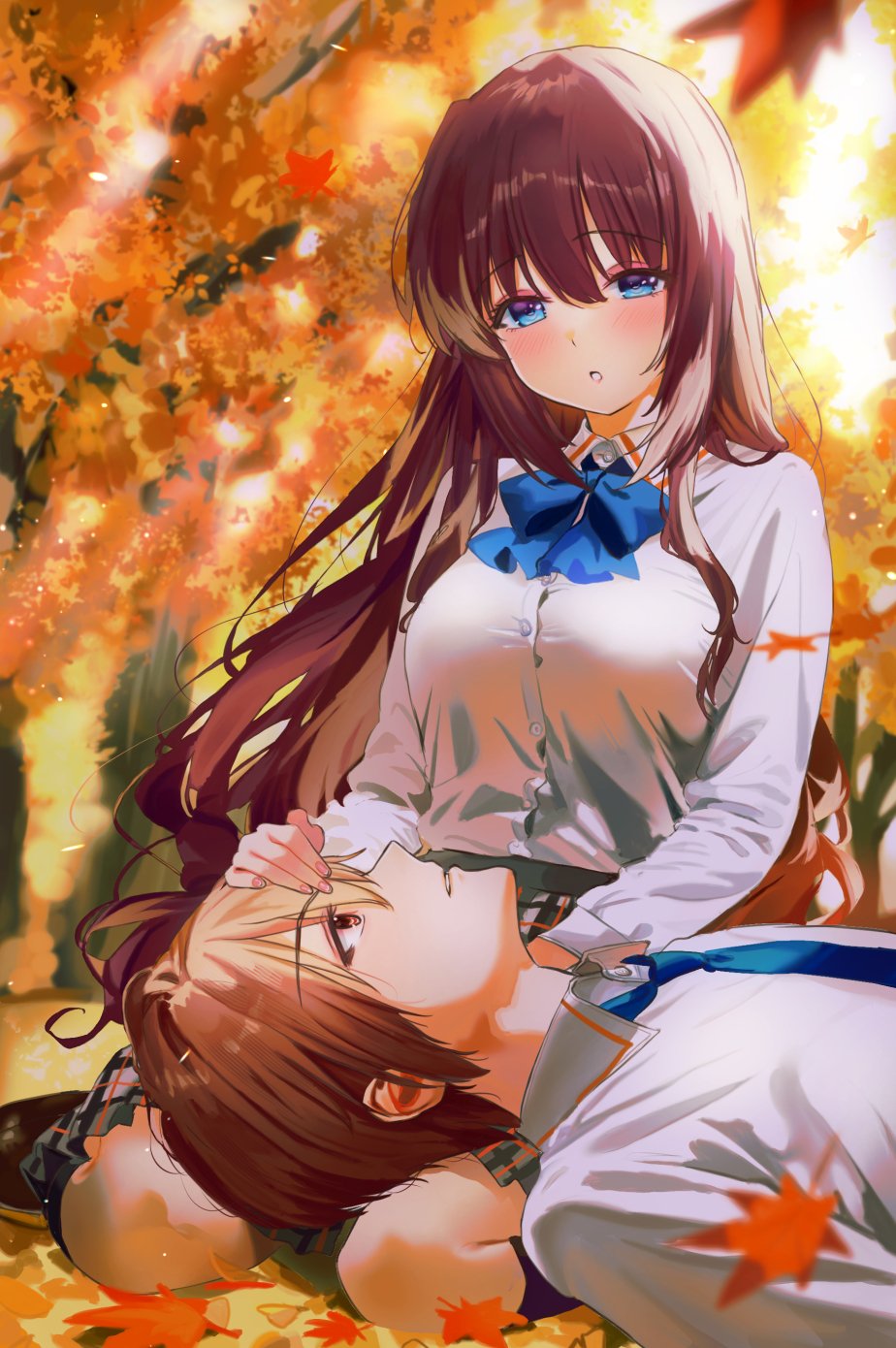 1boy, 1girl, a-chan_(little_busters!), autumn, autumn_leaves, backlighting, blue_bow, blue_bowtie, blue_eyes, blue_necktie, blurry, bow, bowtie, breasts, brown_eyes, brown_hair, collared_shirt, commentary_request, couple, depth_of_field, dress_shirt, eyelashes, eyeliner, eyes_visible_through_hair, fingernails, floating_hair, full_body, grey_skirt, hair_between_eyes, headpat, hetero, highres, lap_pillow, large_breasts, little_busters!, little_busters!_school_uniform, long_hair, long_sleeves, looking_at_another, makeup, miiizuno_lbs, natsume_kyousuke, necktie, outdoors, parted_lips, plaid_clothes, plaid_skirt, profile, school_uniform, shirt, short_hair, sitting, skirt, sunlight, tsurime, upper_body, very_long_hair, wariza, white_shirt, wind