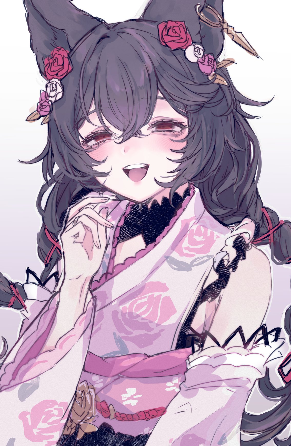 1girl, animal_ear_piercing, animal_ears, bags_under_eyes, black_hair, braid, detached_sleeves, erune, floral_print, floral_print_kimono, flower, granblue_fantasy, hair_flower, hair_ornament, highres, ichuka, japanese_clothes, kimono, long_hair, nier_(granblue_fantasy), nier_(yukata)_(granblue_fantasy), obi, official_alternate_costume, pink_flower, pink_kimono, pink_rose, print_kimono, red_flower, red_rose, rose, sash, solo, twin_braids, white_flower, white_rose, yukata