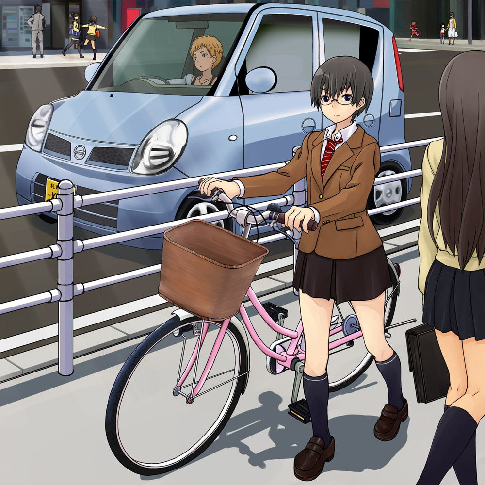 blazer, car, glasses, joy_(joy-max), motor_vehicle, necktie, original, school_uniform, street, vehicle