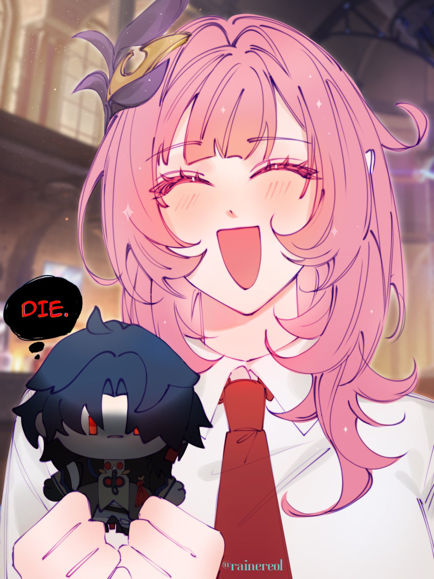 1boy, 1girl, black_hair, blade_(honkai:_star_rail), closed_eyes, elf, elysia_(honkai_impact), elysia_(miss_pink_elf)_(honkai_impact)