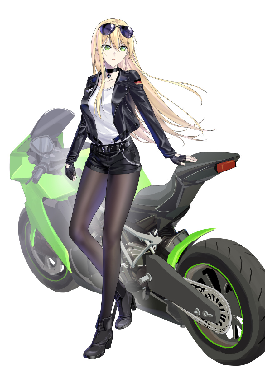 1girl, absurdres, aviator_sunglasses, biker_clothes, black_choker, black_pantyhose, blonde_hair, breasts
