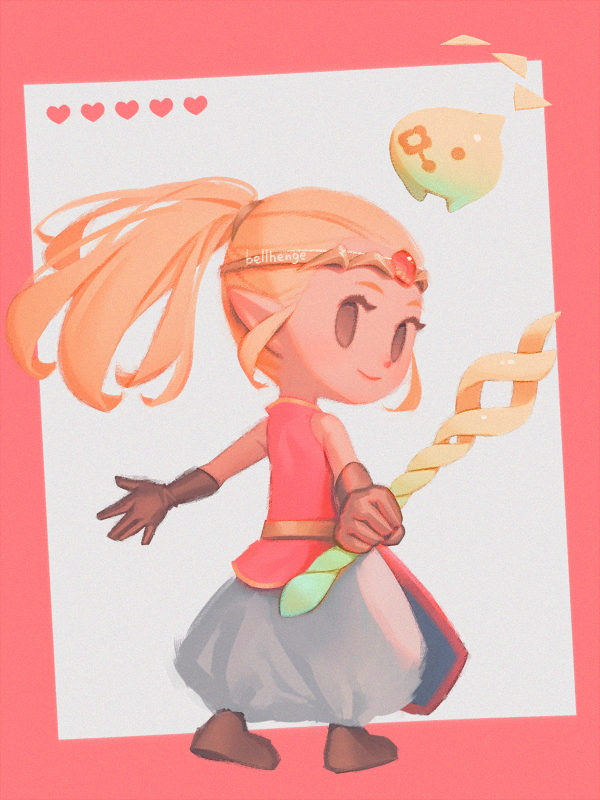 1girl, 1other, baggy_clothes, bellhenge, black_gloves, border, brown_footwear, chibi, commentary, english_commentary, gem, gloves, heart, holding, holding_staff, looking_back, outstretched_arms, pants, pink_border, pink_tunic, pointy_ears, ponytail, princess_zelda, red_gemstone, smile, solid_oval_eyes, staff, the_legend_of_zelda, the_legend_of_zelda:_echoes_of_wisdom, tiara, tri_(zelda), tunic, twitter_username, white_pants