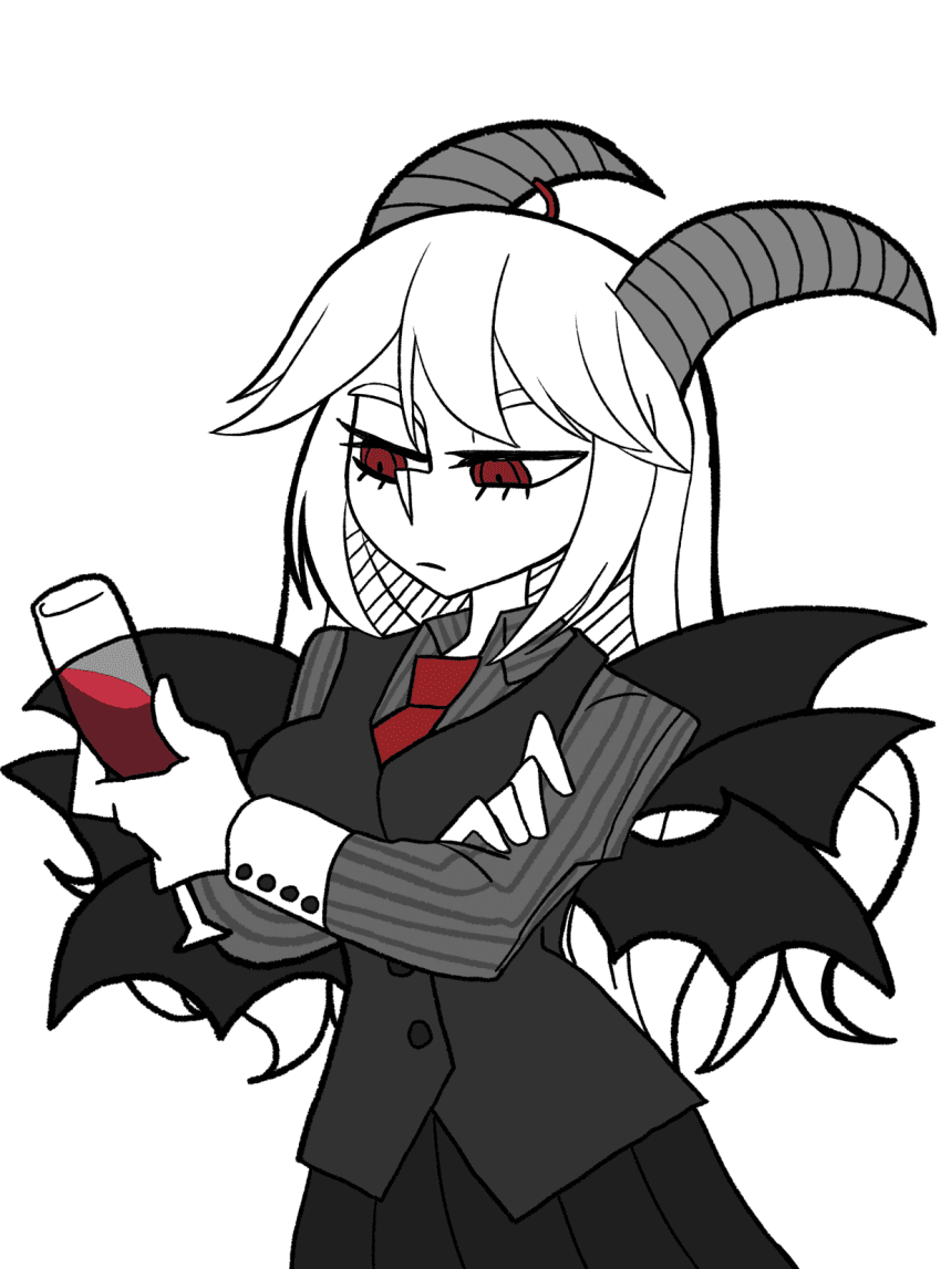 1girl, black_vest, colored_skin, crossover, cup, demon, demon_girl, demon_horns, funamusea, haiiro_teien, helltaker, holding, holding_cup, horns, looking_at_object, lucifer_(helltaker), multiple_wings, necktie, red_eyes, red_necktie, reficul_(funamusea), vanripper_(style), vest, white_background, white_hair, white_skin, wings