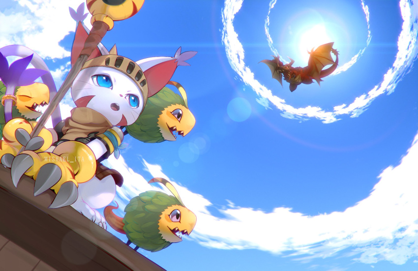 blue_eyes, body_fur, cat, dark_skin, digimon, dragon, fluffymon, green_eyes