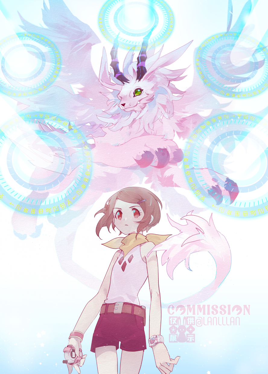 1girl, bare_shoulders, black_shorts, body_fur, brown_eyes, brown_hair, commission, cowboy_shot, d-3_(digimon), digimon, digimon_(creature), digimon_adventure_02, dragon, firing, green_eyes, highres, holydramon, lanlllan, laser, pink_fur, shirt, short_hair, shorts, sleeveless, sleeveless_shirt, watch, watch, white_background, yagami_hikari