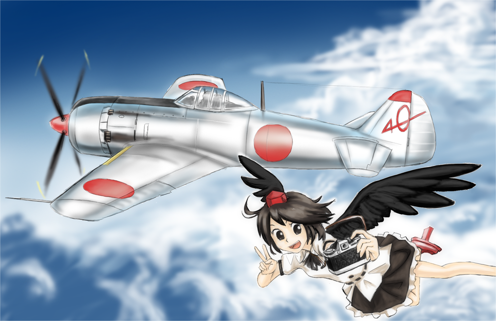 airplane, black_hair, camera, chanko, flying, geta, hat, military