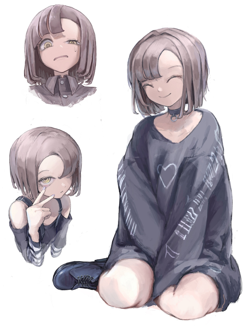 1girl, absurdres, asymmetrical_bangs, bare_shoulders, between_legs, black_choker, choker, closed_eyes