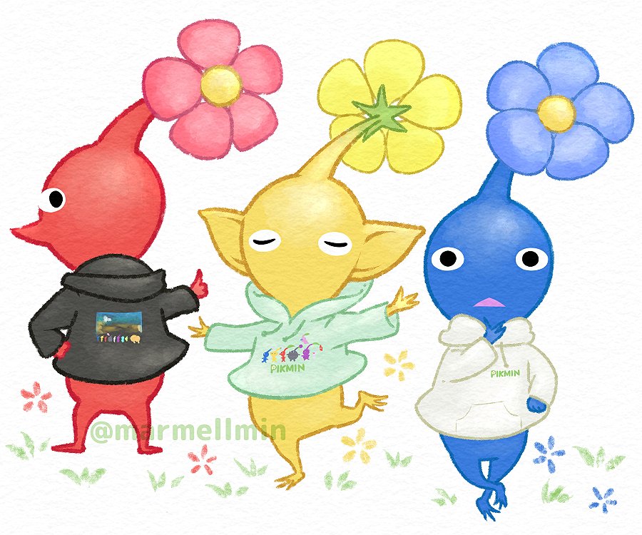 3others, black_hoodie, blue_flower, blue_pikmin, blue_skin, closed_eyes, colored_skin, commentary_request, copyright_name, crossed_ankles, flower, grass, green_hoodie, hand_on_own_hip, hood, hood_down, hoodie, long_sleeves, looking_back, marmellmin, multiple_others, outstretched_arm, outstretched_arms, pikmin_(series), pointy_ears, print_hoodie, purple_pikmin, red_flower, red_pikmin, red_skin, rock_pikmin, solid_oval_eyes, standing, standing_on_one_leg, thumbs_up, triangle_mouth, twitter_username, white_background, white_hoodie, white_pikmin, yellow_flower, yellow_pikmin, yellow_skin