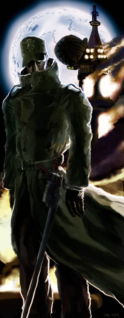 aircraft, airship, captain_(hellsing), doomsplosion, full_moon, gun, handgun, hat, hellsing, holding, mauser_c96, military, military_hat, military_uniform, millenium_(hellsing), moon, nazi, tan, weapon, white_hair