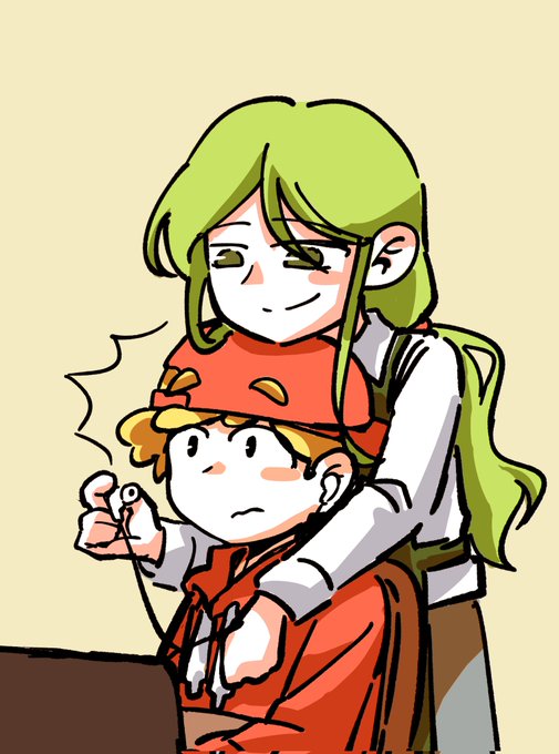 apron, barista, bisang_food, blonde_hair, cole_brew, collared_shirt, earphones, earphones, green_apron, green_eyes, green_hair, hat, leaning_on_person, nicole_ting, ponytail, red_hat, removing_earbuds, rhythm_doctor, shirt, sitting, smirk, standing, surprised, white_shirt, yellow_background