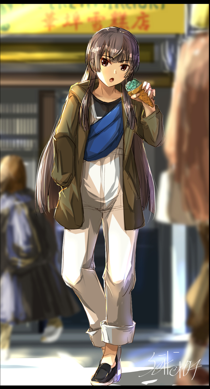 1girl, absurdres, black_footwear, black_hair, black_shirt, blunt_bangs, brown_eyes, collarbone