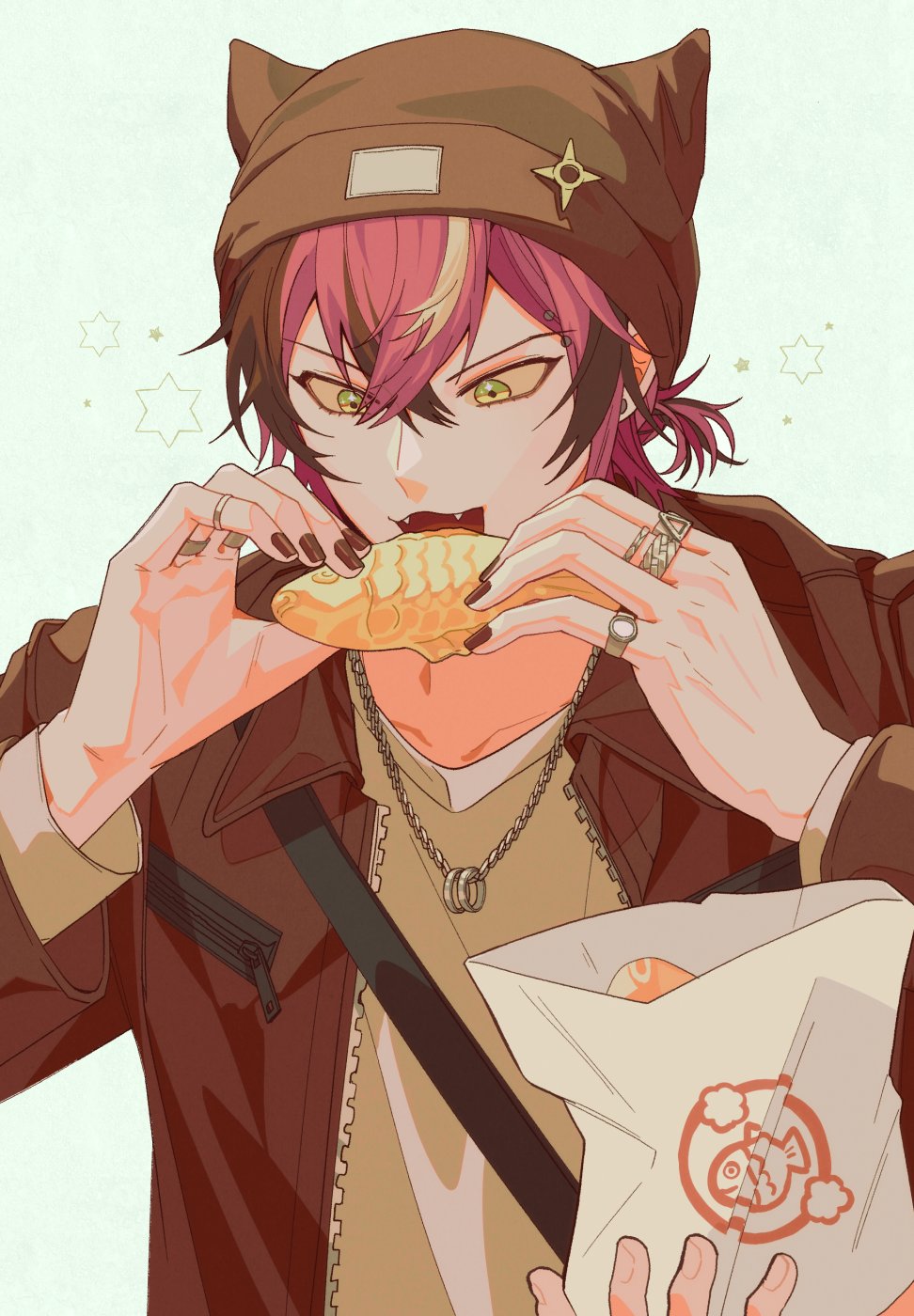 1boy, animal_ear_headwear, arms_up, bag, beanie, black_hat, black_jacket, black_nails