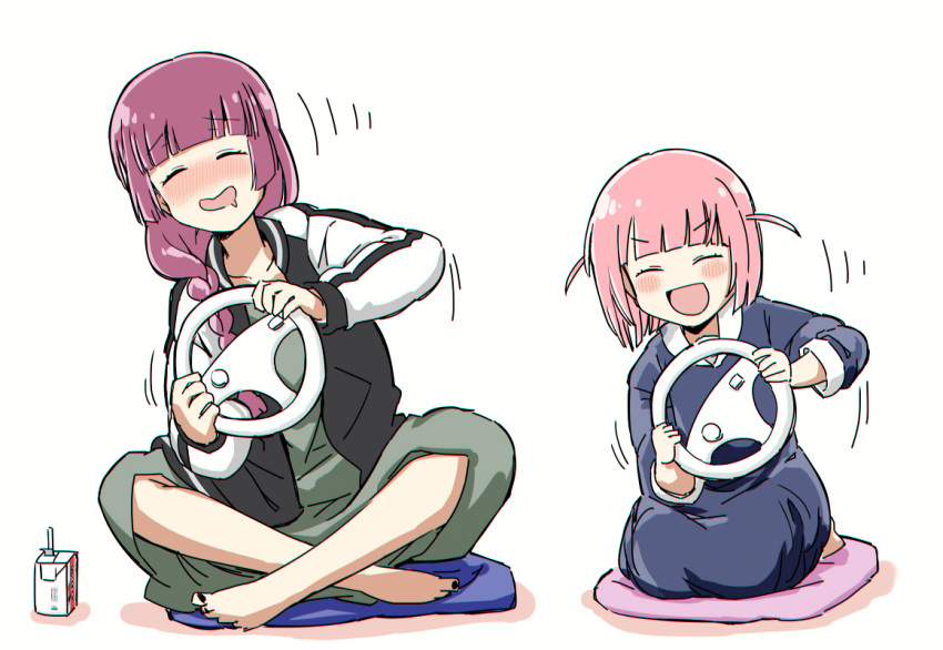 2girls, alcohol_carton, barefoot, black_jacket, blue_dress, blush, bocchi_the_rock!, braid